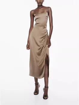 2023 новое осеннее женское облегающее платье с однолинейным воротником, универсальное плиссированное платье с разрезом и бисером в стиле нижнего белья на подтяжках