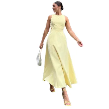 20244 Весна/Лето Новая Мода Сплошной Цвет Свежая Чистая Женская Одежда Без Рукавов С Открытой Талией Дизайн Длинное Платье