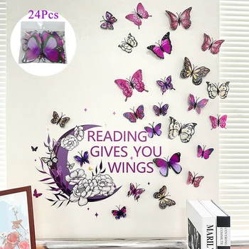 24шт 3D бабочки, фиолетовый стиль, Цветочная Луна, креативная комбинация, наклейки на стены, Самоклеящиеся Съемные Виниловые ПВХ, Домашний декор