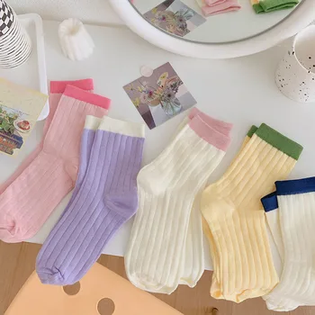 5 Пар женских носков цвета сладких конфет на весну и осень, дышащих летних и модных носков в японском стиле средней длины