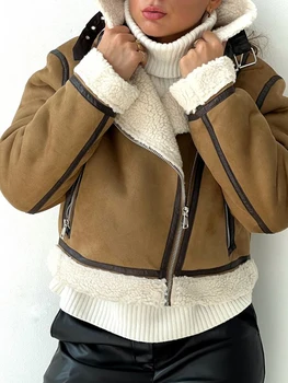 Ailegogo Женская винтажная приталенная толстая теплая искусственная замша, кожа, мех, короткая куртка, уличная одежда, женское пальто с застежкой-молнией, верхняя одежда