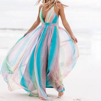 Anbenser-Женское платье на подтяжках с V-образным вырезом и открытой спиной радужного цвета, Богемные платья, Летнее пляжное платье, сексуальный большой подол