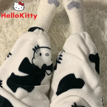 Hello Kitty Sanrio Пижамные Брюки Y2k Мультяшные Черные Милые Женские Мягкие Плюшевые Утепленные Утепленные Брюки Kawaii Женские Повседневные Брюки