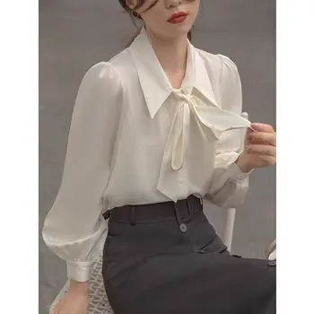 HOUZHOU Элегантные Белые рубашки Женские Офисные дамы Корейская мода Шифоновая блузка с длинным рукавом и галстуком Базовая Свободная Шикарная одежда