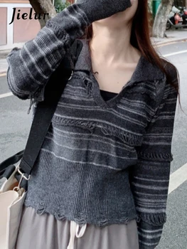 Jielur, Серые тонкие Корейские женские пуловеры в полоску, Шикарный V-образный вырез, волшебный цвет, Повседневная мода, Офисные женские зимние базовые пуловеры