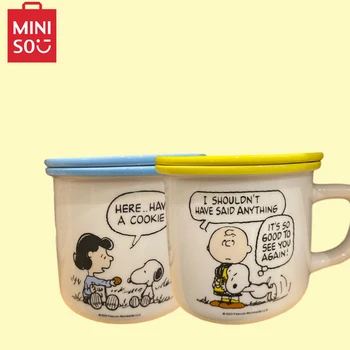 Miniso Snoopy 350 мл Аниме-керамическая кружка для воды с крышкой, мультяшные Офисные школьные кружки для напитков, кофе, чай, Чашка с молоком, подарок для детей