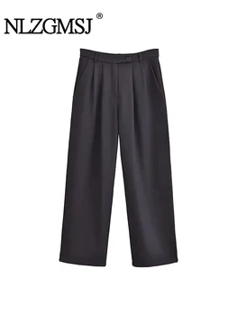 Nlzgmsj TRAF 2024 Женские Однотонные Плиссированные Широкие брюки на молнии спереди, винтажные женские шикарные брюки с высокой талией во всю длину