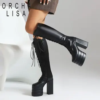 ORCHA LISA/ Женские Сапоги до колена С квадратным носком На массивном каблуке 14 см, платформе 8 см, молнии, шнуровке, Обувь для вечеринок в стиле Панк, Большие Размеры 45 46