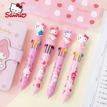 Sanrio 3шт 10-Цветная Шариковая Ручка Kawaii Hello Kitty My Melody Family Image Нажимного Типа Студенческая Многоцветная Ручка Детский Мультфильм