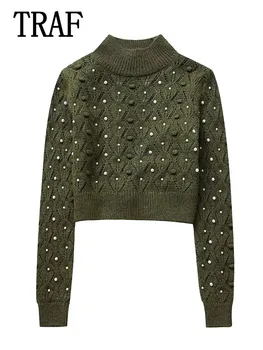 TRAF 2024 Женские Укороченные свитера с искусственным жемчугом, Джемперы с длинным рукавом и открытой спиной, Топ, Женский пуловер, вязаный свитер