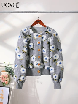 UCXQ Куртка с рукавом в виде милого цветка, Плюшевый кардиган, короткое теплое Красивое пальто, Зимняя верхняя одежда 2023, Тонкие топы, 8 цветов R172