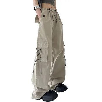Американские уличные брюки-карго, женские Весенне-летние брюки-карго с завязками на талии и карманами, Повседневные Однотонные Свободные брюки Y2K s684