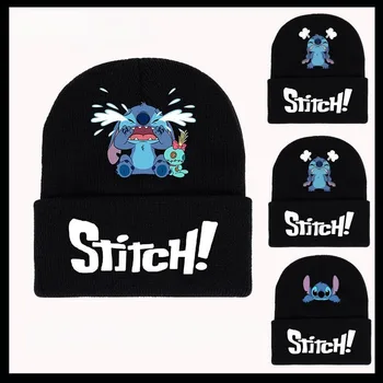 Анимация Disney Lilo & Stitch Периферийная строчка Мультяшный принт Детская вязаная шапка Бини Унисекс Зимняя теплая шапка Модный подарок