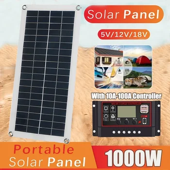 Блок питания солнечной панели мощностью 1000 Вт, комплект солнечных батарей 12V, контроллер 100A, солнечная панель для телефона/MP3/кемпинга/RV/автомобиля, быстрое зарядное устройство для аккумулятора