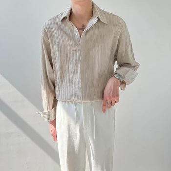 Весенне-Летняя Мужская Одежда 2023 Года, Свободная Корейская Версия С Длинным Рукавом, Однобортная Однотонная Винтажная Рубашка с Круглым вырезом Tide