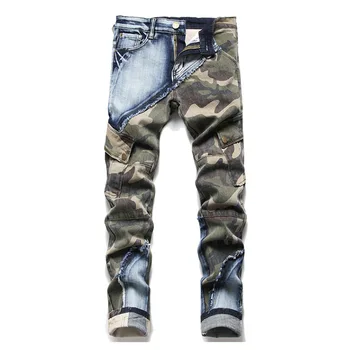 Винтажные повседневные джинсовые брюки в стиле хип-хоп, камуфляжные брюки в стиле пэчворк, уличная одежда харакуджу, джинсовые брюки для мужчин, приталенная посадка