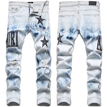 Винтажные рваные джинсы, мужские модные джинсы с вышивкой в виде букв и звезд, потертые джинсы с прямыми штанинами Y2k, мужские повседневные брюки-карандаш из эластичного денима