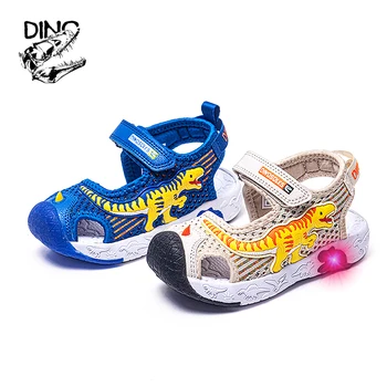 Детские вязаные сандалии DINO T-Rex со светодиодной подсветкой для летних мальчиков и девочек, Дышащая светящаяся подошва, загорающаяся 2023, Детская уличная повседневная пляжная обувь