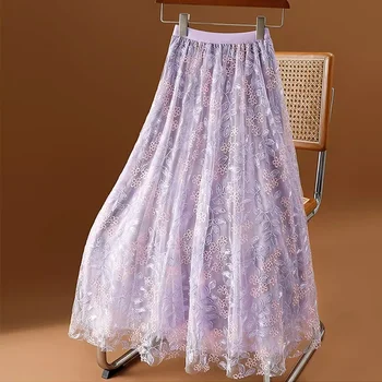 Длинная юбка с милой Корейской цветочной вышивкой для женщин 2024, Весна-лето, Элегантная юбка миди из кружевного тюля с высокой талией, женская P424