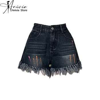 Женская уличная одежда, джинсовые шорты в ретро-полоску, американский дизайн, черные кисточки, модные джинсовые шорты Y2K, Летние повседневные Свободные шорты