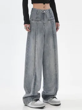 Женские джинсы Harajuku С винтажными карманами, Широкие брюки, Повседневная уличная одежда, мешковатые джинсовые брюки с высокой талией, женская повседневная мода