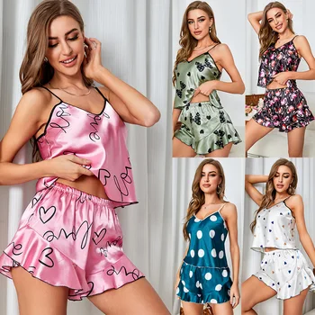 Женские пижамы с милым принтом, европейский и американский стиль, весенне-летний комплект домашней одежды из дышащего ледяного шелка