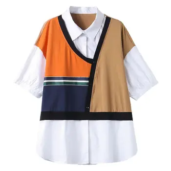 Женские рубашки, модная поддельная рубашка контрастного цвета из двух частей, свободная повседневная блузка 2023, Летние Легкие топы с коротким рукавом,