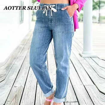 Женские эластичные джинсовые джоггеры с высокой талией, стрейчевые джинсовые брюки с подвешиванием на шнурке 2023, джинсы со свободной регулировкой талии