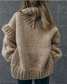 Женский пуловер с двойным рукавом-фонариком из однотонной вязки, толстый Теплый негабаритный Свободный топ, свитер, Осень-Зима, шикарный трикотаж
