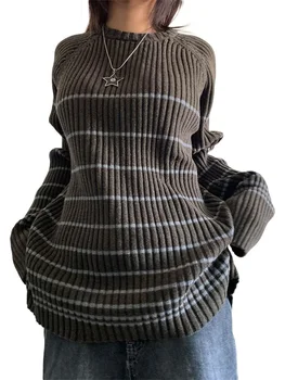 Женский свитер в рубчик и полоску с длинным рукавом и круглым вырезом, свободный свитер Y2k большого размера для девочек-подростков