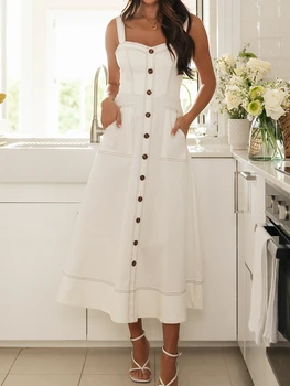 Женское белое джинсовое длинное платье, повседневное миди-платье на бретельках с квадратным вырезом, пляжное платье трапециевидной формы для отдыха.