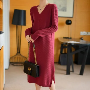 Женское однотонное мягкое клеевое трикотажное платье, осень-зима, Новая свободная универсальная юбка с V-образным вырезом на подкладке длиной до колен средней длины
