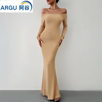 Женское осенне-зимнее новое платье 2023 года, сексуальное элегантное приталенное однотонное платье с открытыми плечами, женское модное платье длиной до колен