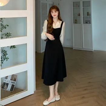 Женское платье миди с длинным рукавом для девочек, элегантная женская одежда, Корейское модное Черное платье 2022