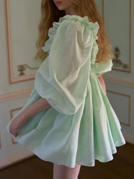 Женское пышное платье с пышными рукавами и квадратным вырезом, сетчатое мини-платье Babydoll, расклешенное вечернее платье из органзы с высокой посадкой