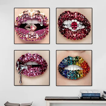 Жидкая живопись на холсте с розовым ртом, современные плакаты и принты с сексуальными губами, настенные рисунки для гостиной, домашний дизайн, декор.