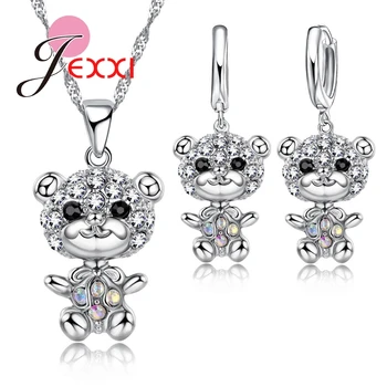 Комплект ювелирных изделий Cute Bear Ожерелье Кулон Серьги из стерлингового серебра 925 пробы CZ Наборы ювелирных изделий с кристаллами для женщин