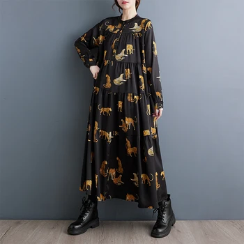 Леопардовый Лоскутный принт в европейском американском стиле, Шикарное Женское Свободное осеннее платье-блузка, Модное женское Повседневное платье с рюшами на весну.