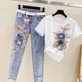 Летние женские комплекты 2022 года с вышивкой бисером, футболка с коротким рукавом и джинсы с 3D цветочной вышивкой, 2 шт. Женская одежда