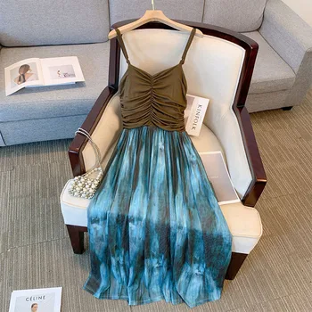 лето 2023, женская одежда оверсайз 60-175 кг, нишевое дизайнерское платье на бретельках, окрашенные галстуком платья в стиле пэчворк 4XL 5XL 6XL 7XL
