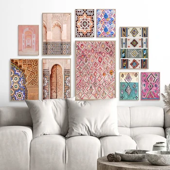 Марокканский ковер, художественная роспись, настенные панно в стиле бохо, абстрактные нейтральные эклектичные принты на холсте, Домашний Богемный плакат, декор стен