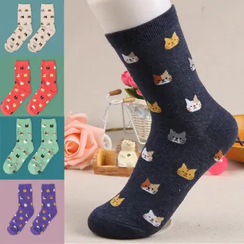 Модные теплые женские Милые Носки с рисунком кота хлопчатобумажные носки с мультяшными животными 5 цветов 1 пара Весна Осень