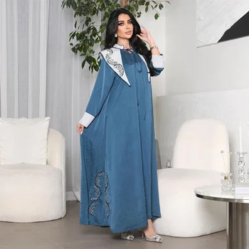 Модные турецкие Абайи с базовыми бриллиантами, длинное платье контрастного цвета, повседневная Свободная мусульманская одежда с длинным рукавом для женщин