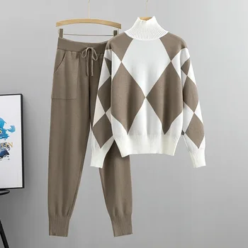 Модный брючный комплект, женский осенне-зимний повседневный вязаный клетчатый свитер, пуловер и брюки с завязками на талии, комплект из двух предметов