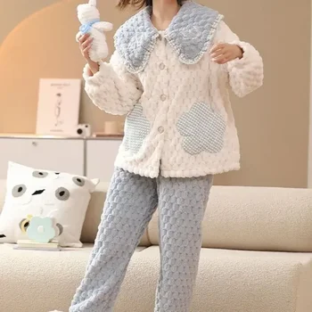 Модный зимний свободный пижамный костюм, фланелевое женское ночное белье из двух частей, утолщенная Новая теплая повседневная одежда осени 2023 года
