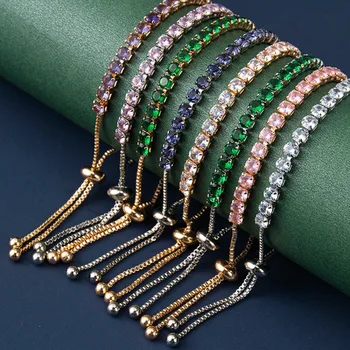 Модный очаровательный теннисный браслет CZ для женщин, ювелирные изделия из кристаллов циркона, регулируемые браслеты-цепочки цвета: золотистый, серебристый, в подарочной коробке