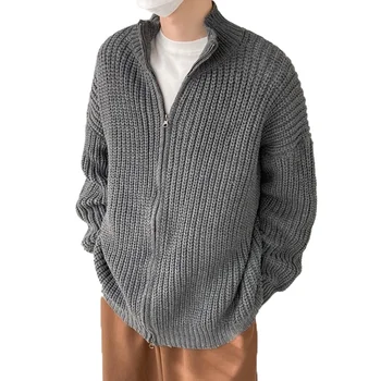 Мужской роскошный вязаный кардиган, свитер, повседневный однотонный свитер, молнии с длинными рукавами, отложной воротник, винтажная зимняя одежда