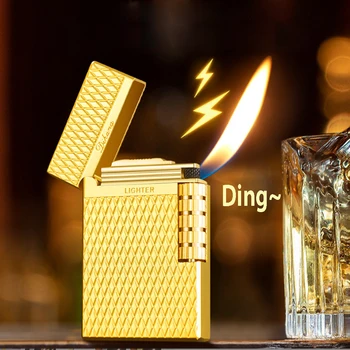НОВАЯ металлическая ветрозащитная зажигалка для сигар со звуком Ping, газовая зажигалка на бутановом топливе, шлифовальный круг, зажигалка с боковым проскальзыванием, мужской подарок