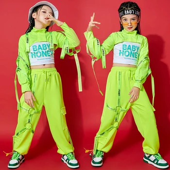 Новый детский танцевальный костюм в стиле хип-хоп, Зеленые топы, Современная джазовая одежда для девочек, Хип-хоп Брюки, Сценическое шоу, Детская одежда для уличных танцев BL3338