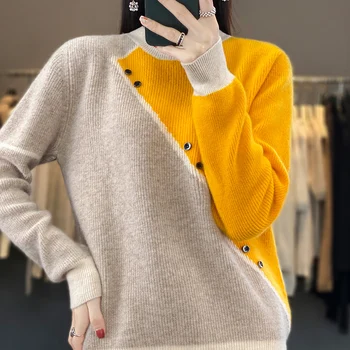 Новый женский свободный пуловер с высоким воротом из 100% чистой шерсти, роскошный мягкий удобный кашемировый свитер, вязаные топы